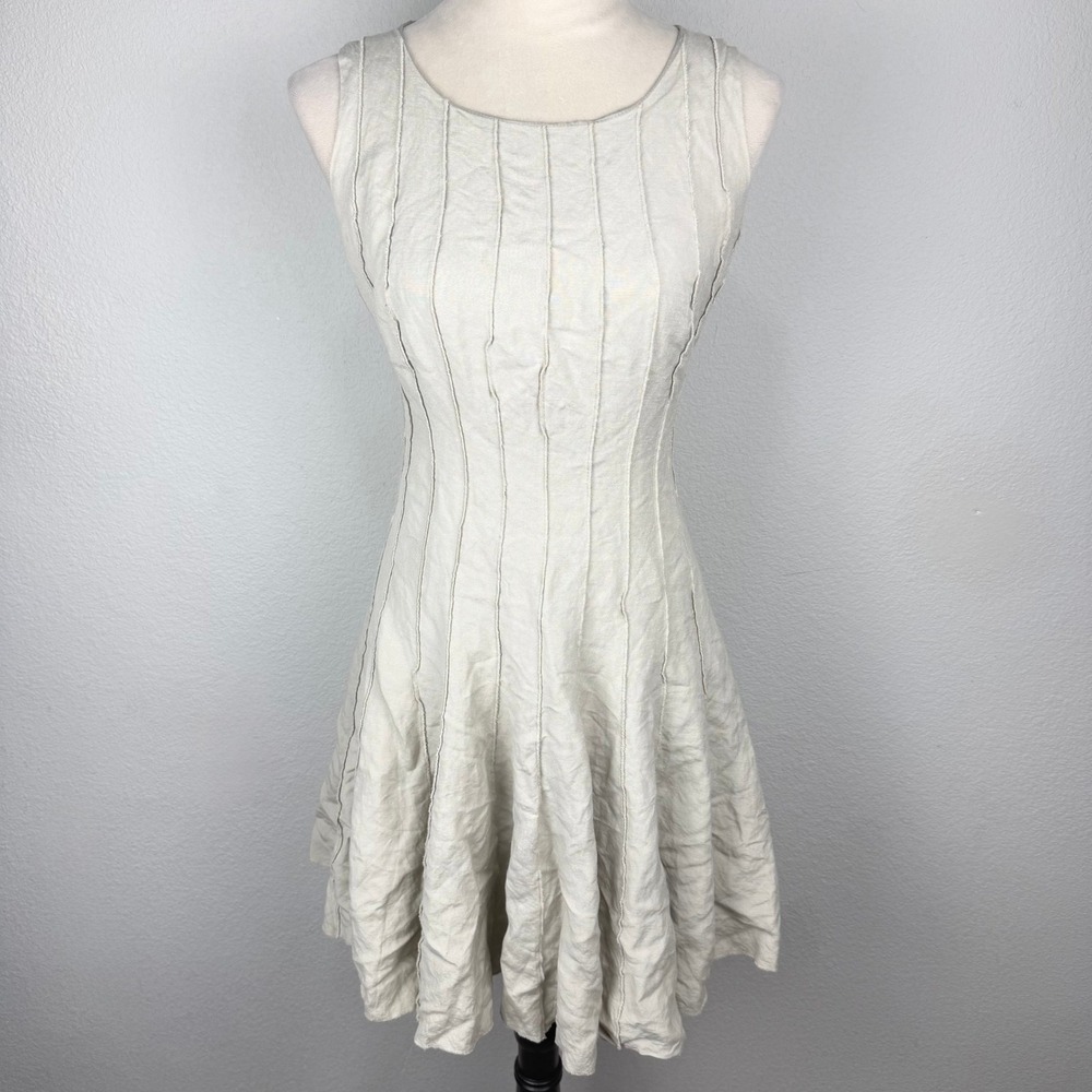 Calvin Klein Beige Linen Blend Raw Edge Seam Fit and Flare Dress Sleeveless